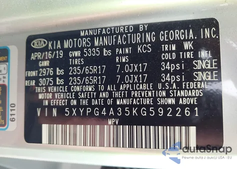 2019 Kia Sorento 2.4L L from USA, damaged, VIN 5XYPG4A35KG592261